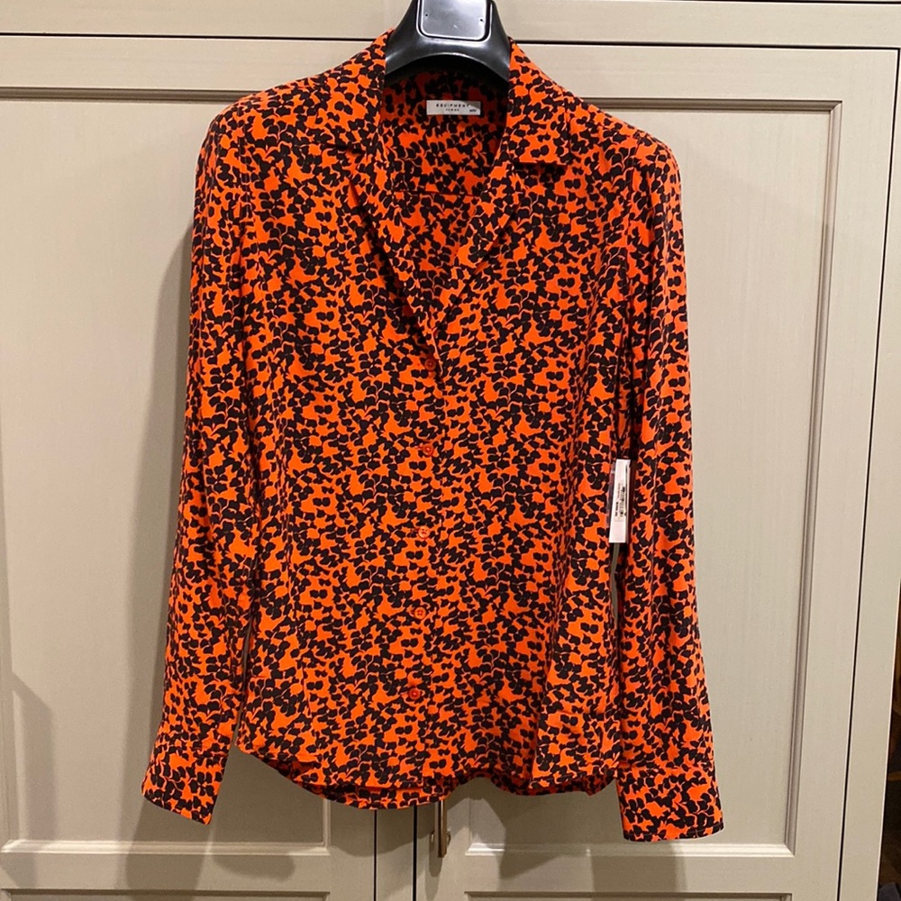 EQUIPMENT 100% silk blouse Black and Orange print,  New with Tags